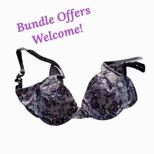 A1) Express Women’s Lace Overlay Bra Size 34B  Black Gray/light purple Underwire